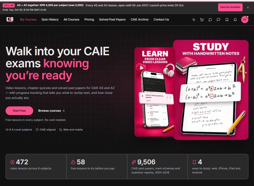 E2A Learning online education platform showing CAIE course lessons and learning interface