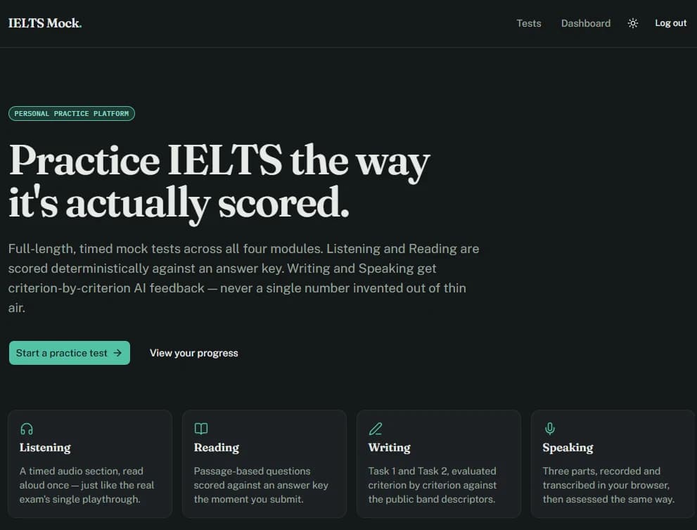 IELTS Mock practice platform showing Listening, Reading, Writing and Speaking modules